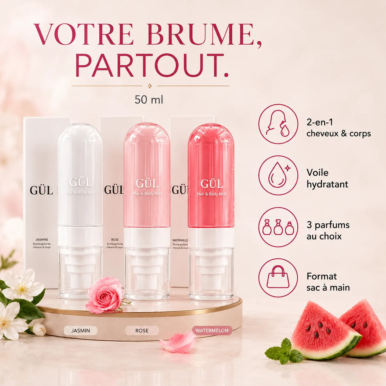 Brume Hydratante Cheveux & Corps — Rose, Jasmin ou Watermelon