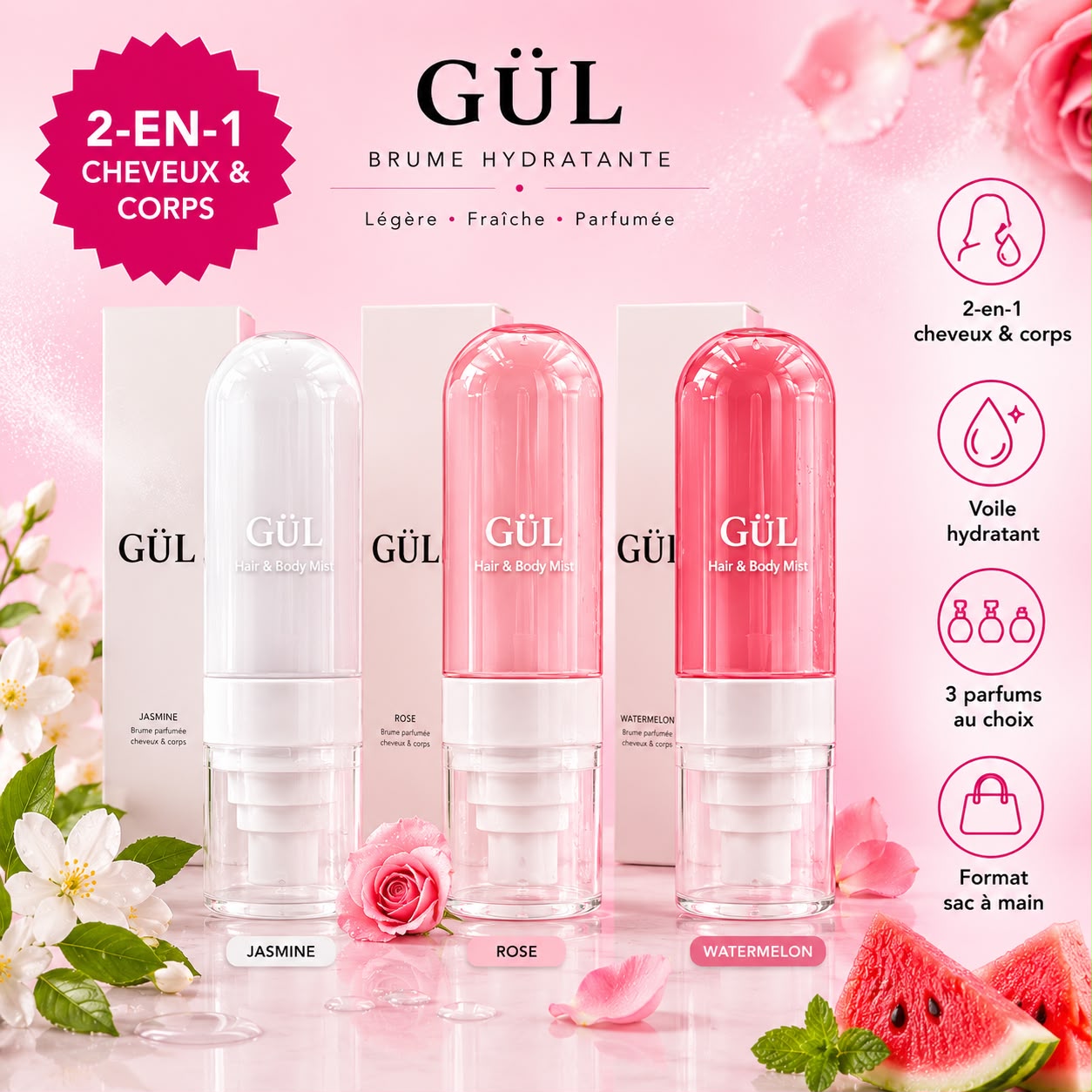Brume Hydratante Cheveux & Corps — Rose, Jasmin ou Watermelon